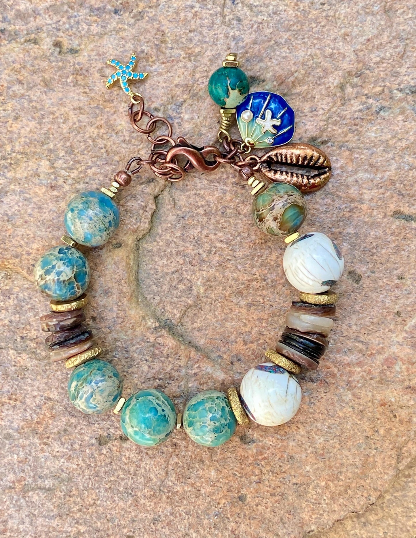 Boho Mixed Media Bracelet: Inlaid Naga Conch Shell, Turquoise Impression Jasper