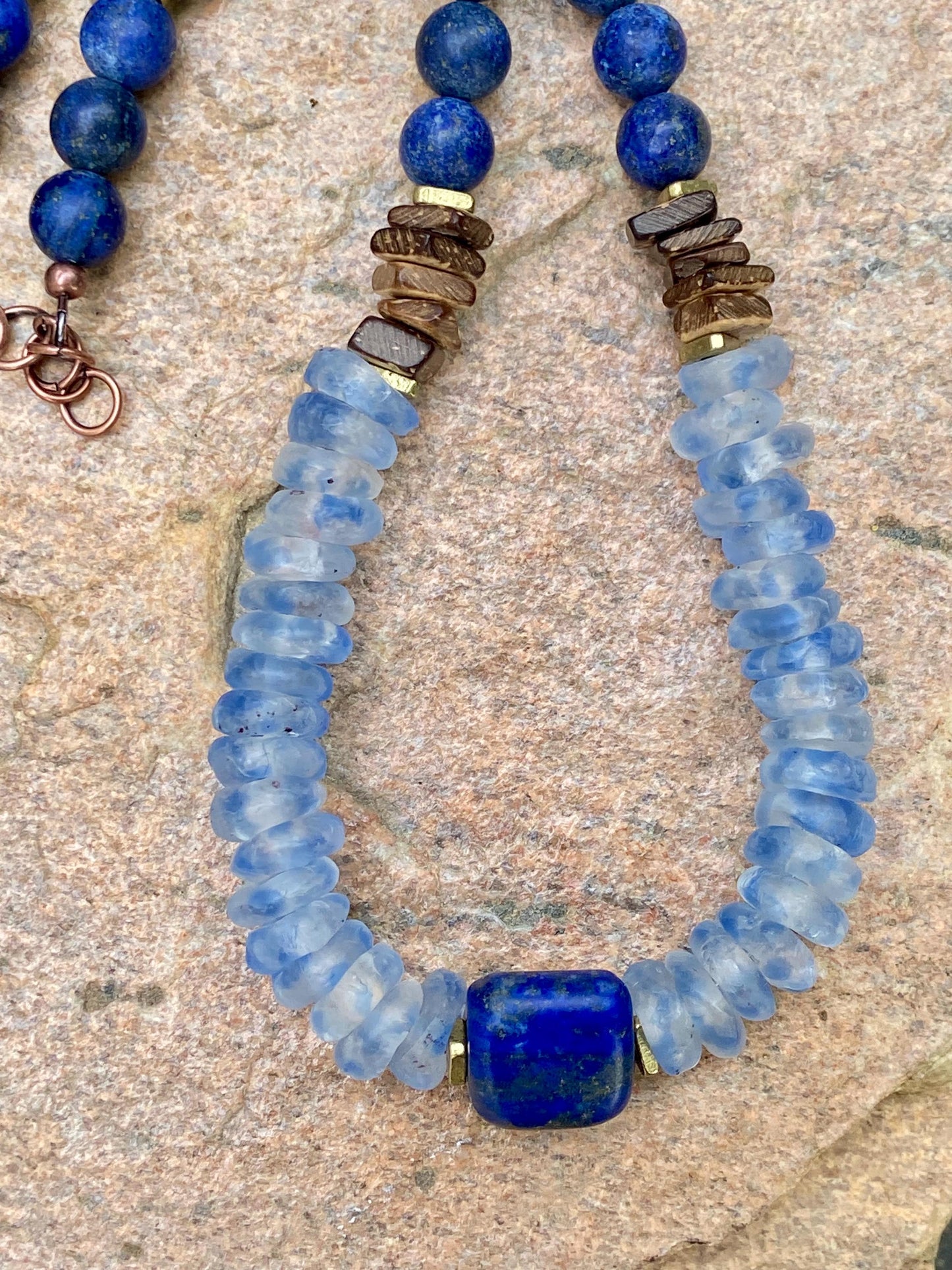 Ocean Waves Recycled Glass Necklace: Blue Mist, Lapis, Coconut Wood Beads