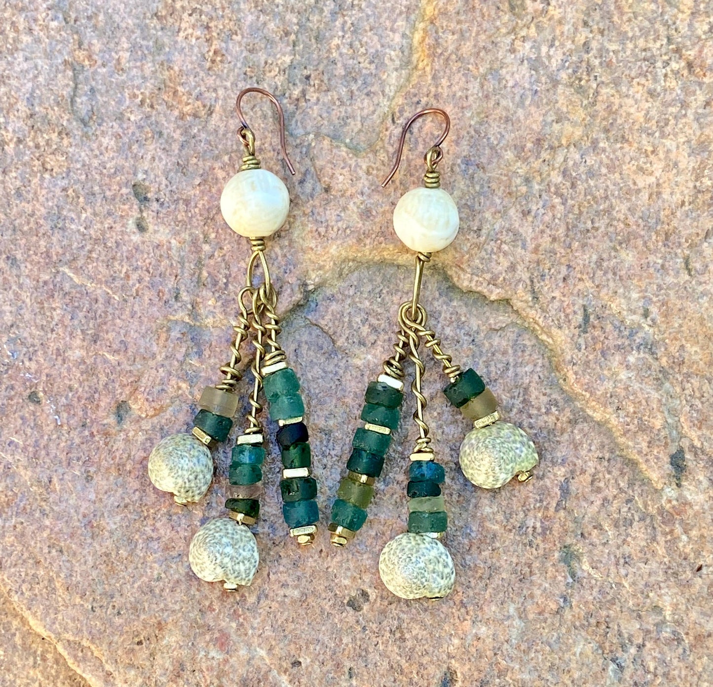 Coastal Vibes Earrings • Naga Conch Shell + Roman Glass + Sea Spiral Shell
