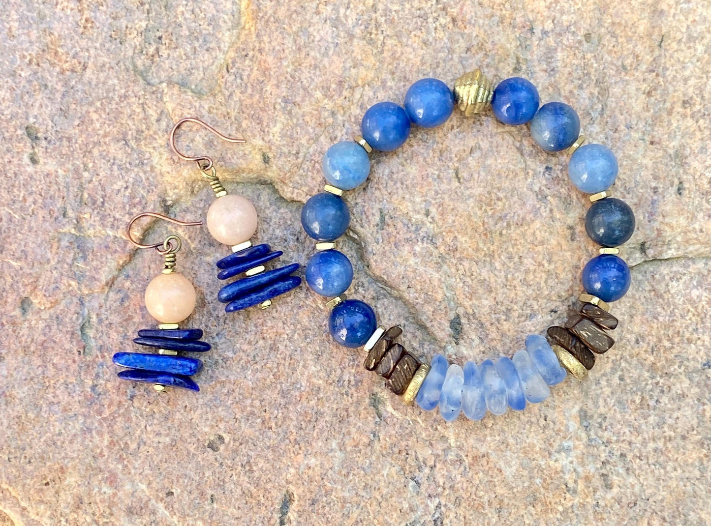 Blue Aventurine and Recycled Glass Bracelet| Coconut Wood and Brass Spacers|Boho Artisian Jewelry