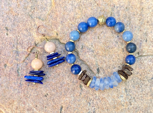 Blue Aventurine and Recycled Glass Bracelet| Coconut Wood and Brass Spacers|Boho Artisian Jewelry
