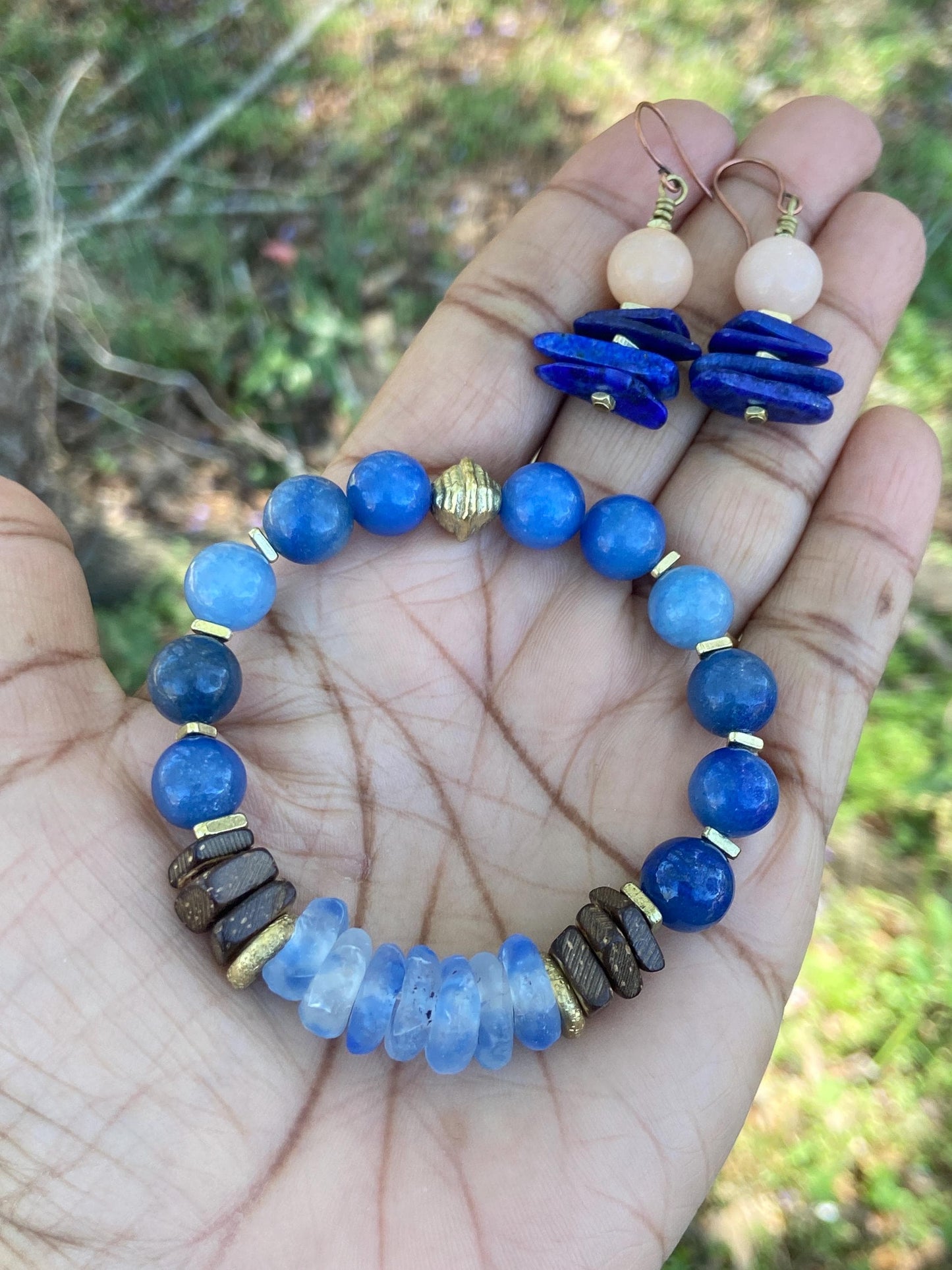 Blue Aventurine and Recycled Glass Bracelet| Coconut Wood and Brass Spacers|Boho Artisian Jewelry