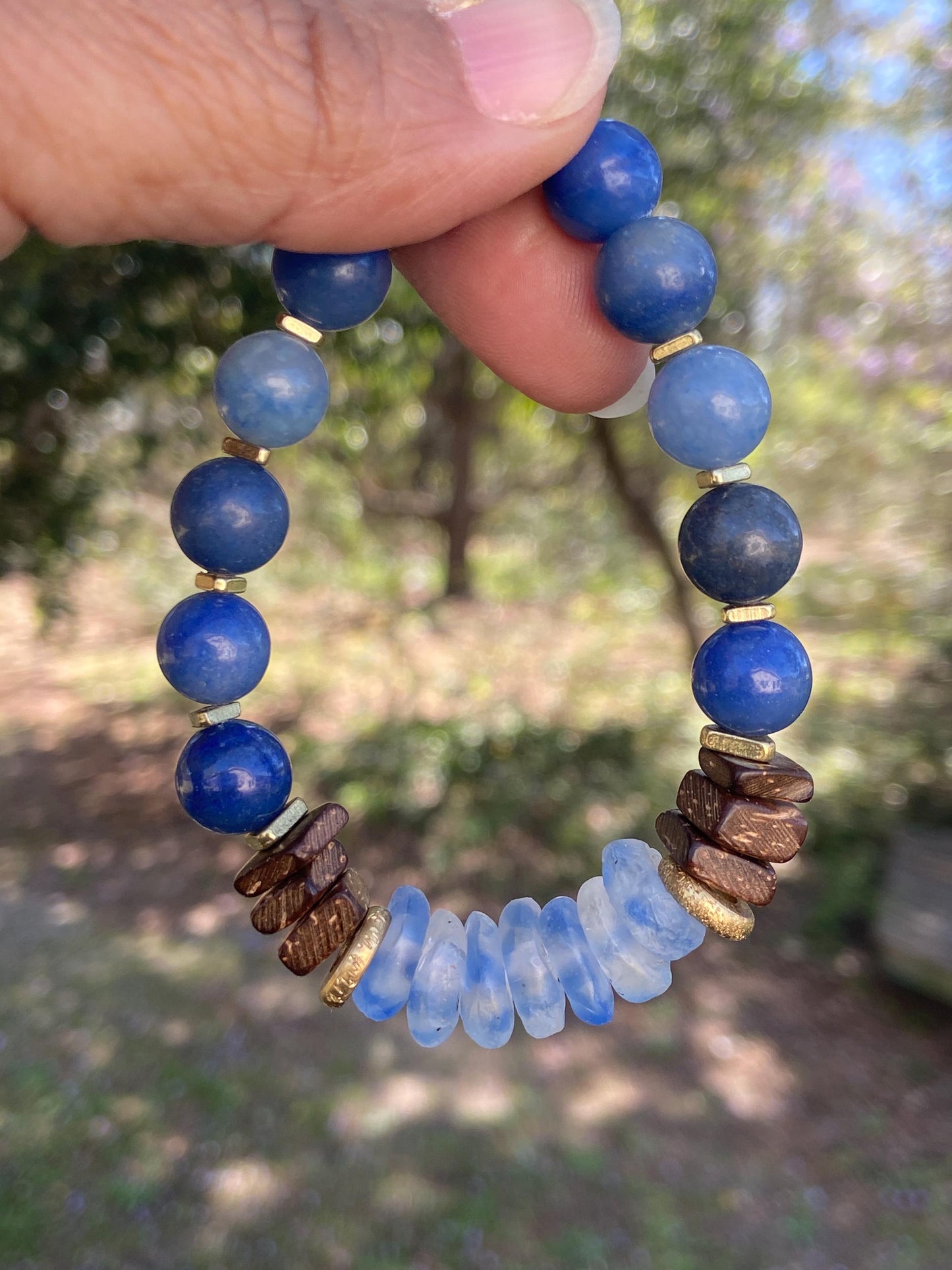Blue Aventurine and Recycled Glass Bracelet| Coconut Wood and Brass Spacers|Boho Artisian Jewelry