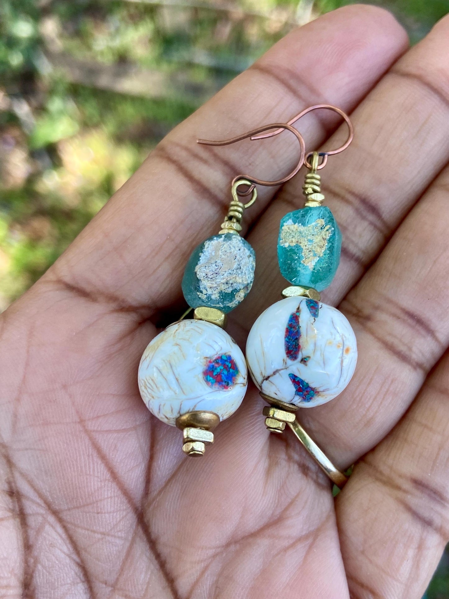 Costal and Beachy Boho Earrings • Inlaid Naga Conch • Roman Glass •