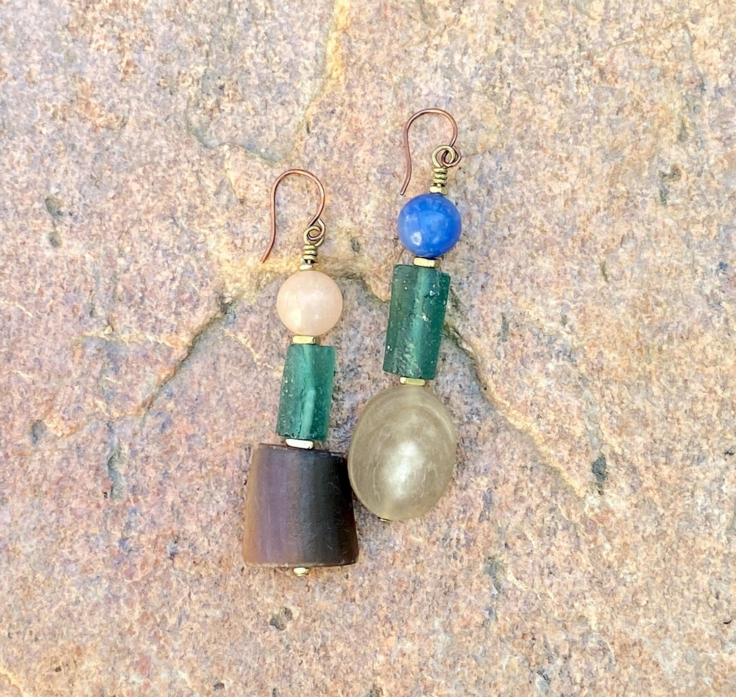 Geometric Natural Horn, Roman Glass and Aventurine Gemstone Bead Earrings
