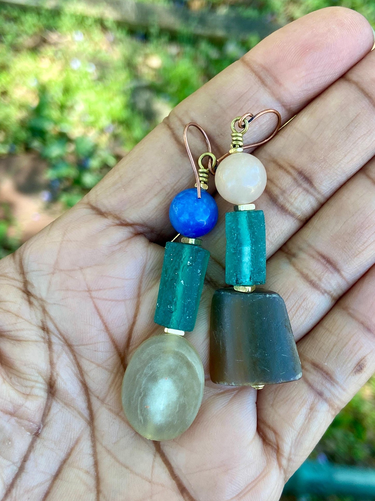 Geometric Natural Horn, Roman Glass and Aventurine Gemstone Bead Earrings