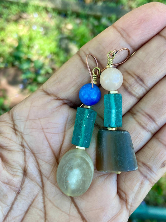Geometric Natural Horn, Roman Glass and Aventurine Gemstone Bead Earrings