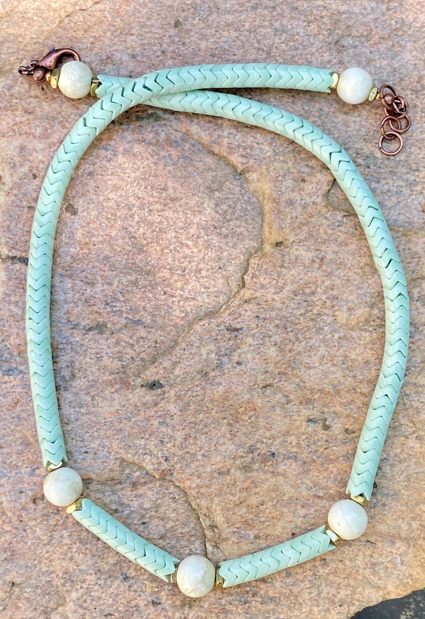 Pistachio Green Snake Bead Necklace – Vintage Conch Shell, Gold Accents, Coastal Style