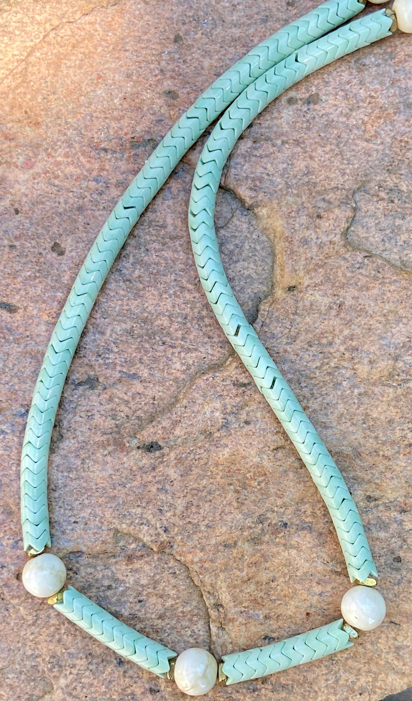 Pistachio Green Snake Bead Necklace – Vintage Conch Shell, Gold Accents, Coastal Style