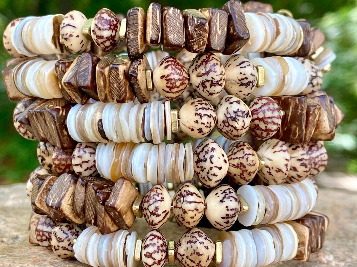 Wrap and Go Earthy Memory Wire Bangle – Coconut Wood, Shell and Natural Neutrals