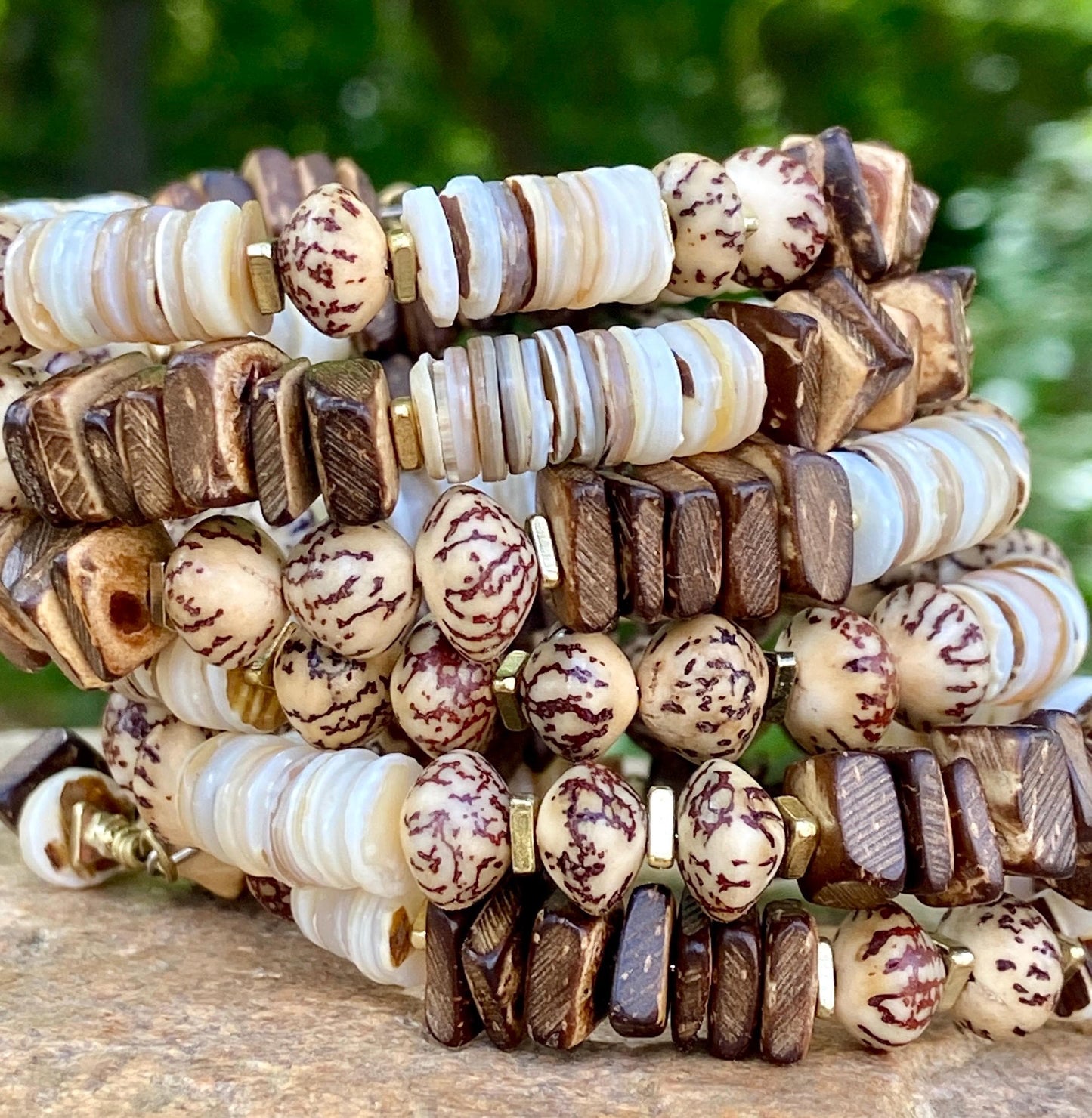 Wrap and Go Earthy Memory Wire Bangle – Coconut Wood, Shell and Natural Neutrals