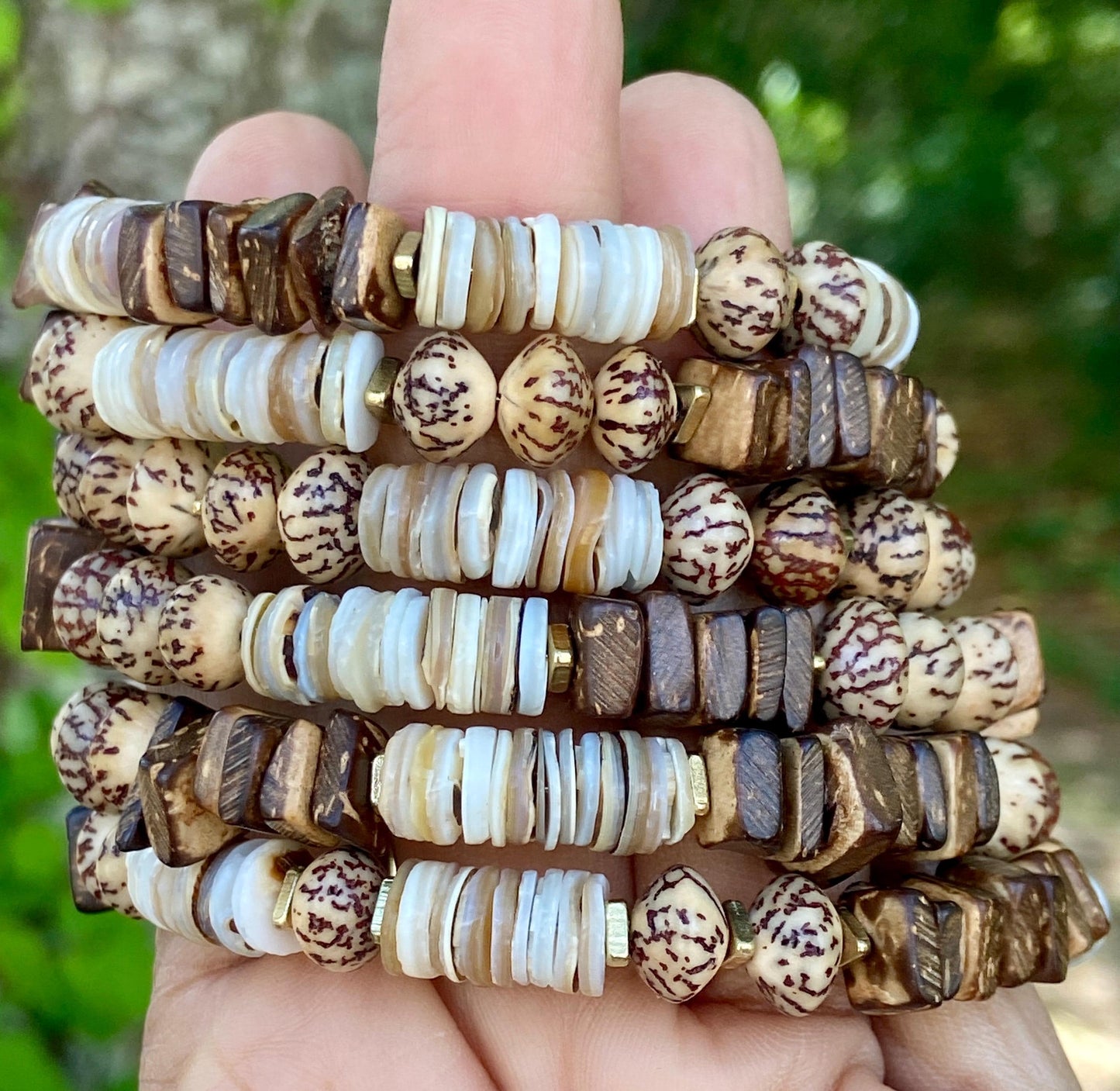Wrap and Go Earthy Memory Wire Bangle – Coconut Wood, Shell and Natural Neutrals