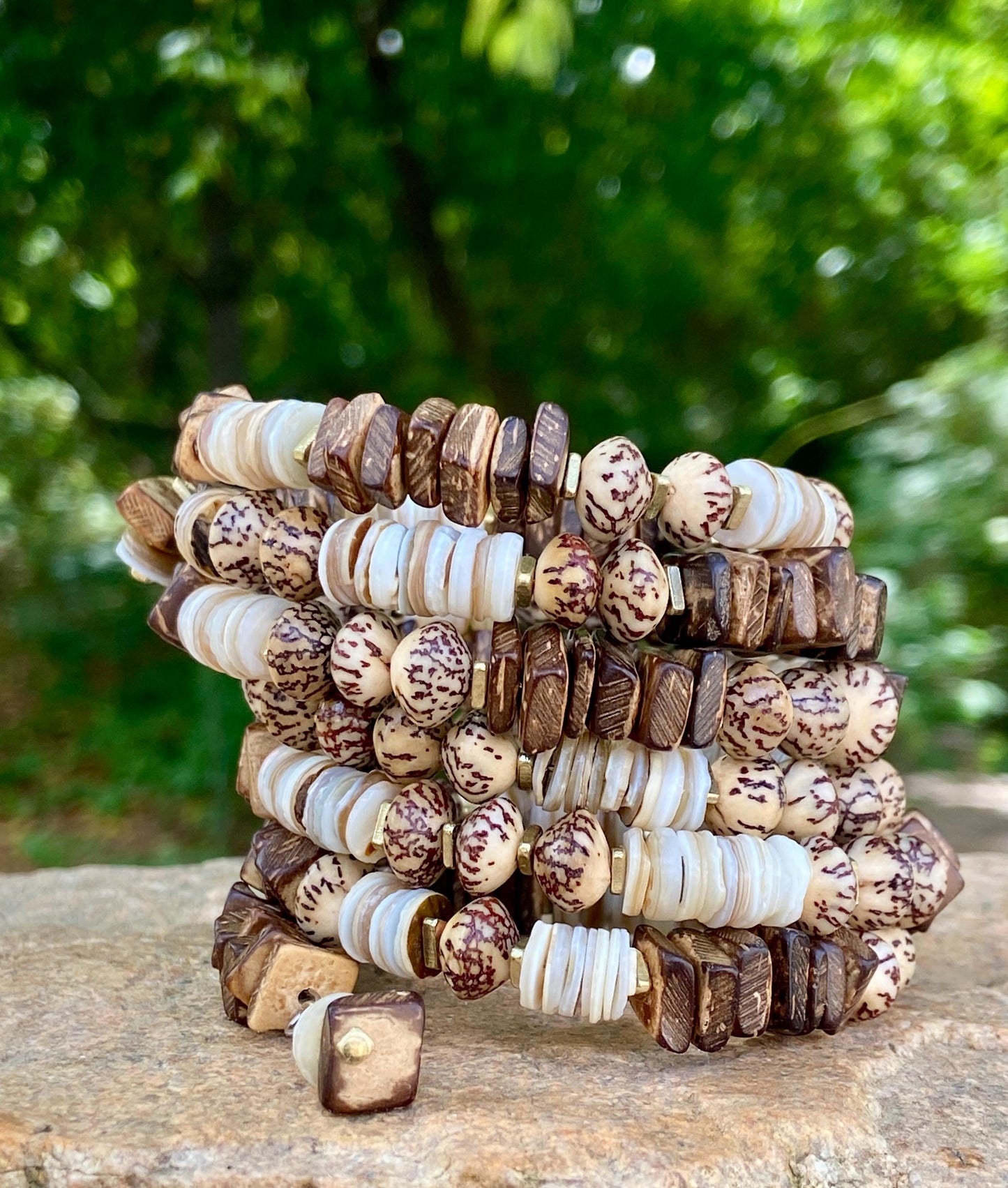 Wrap and Go Earthy Memory Wire Bangle – Coconut Wood, Shell and Natural Neutrals