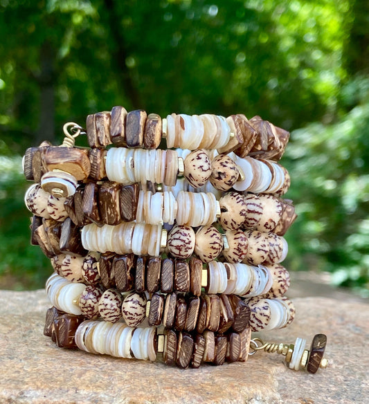 Wrap and Go Earthy Memory Wire Bangle – Coconut Wood, Shell and Natural Neutrals