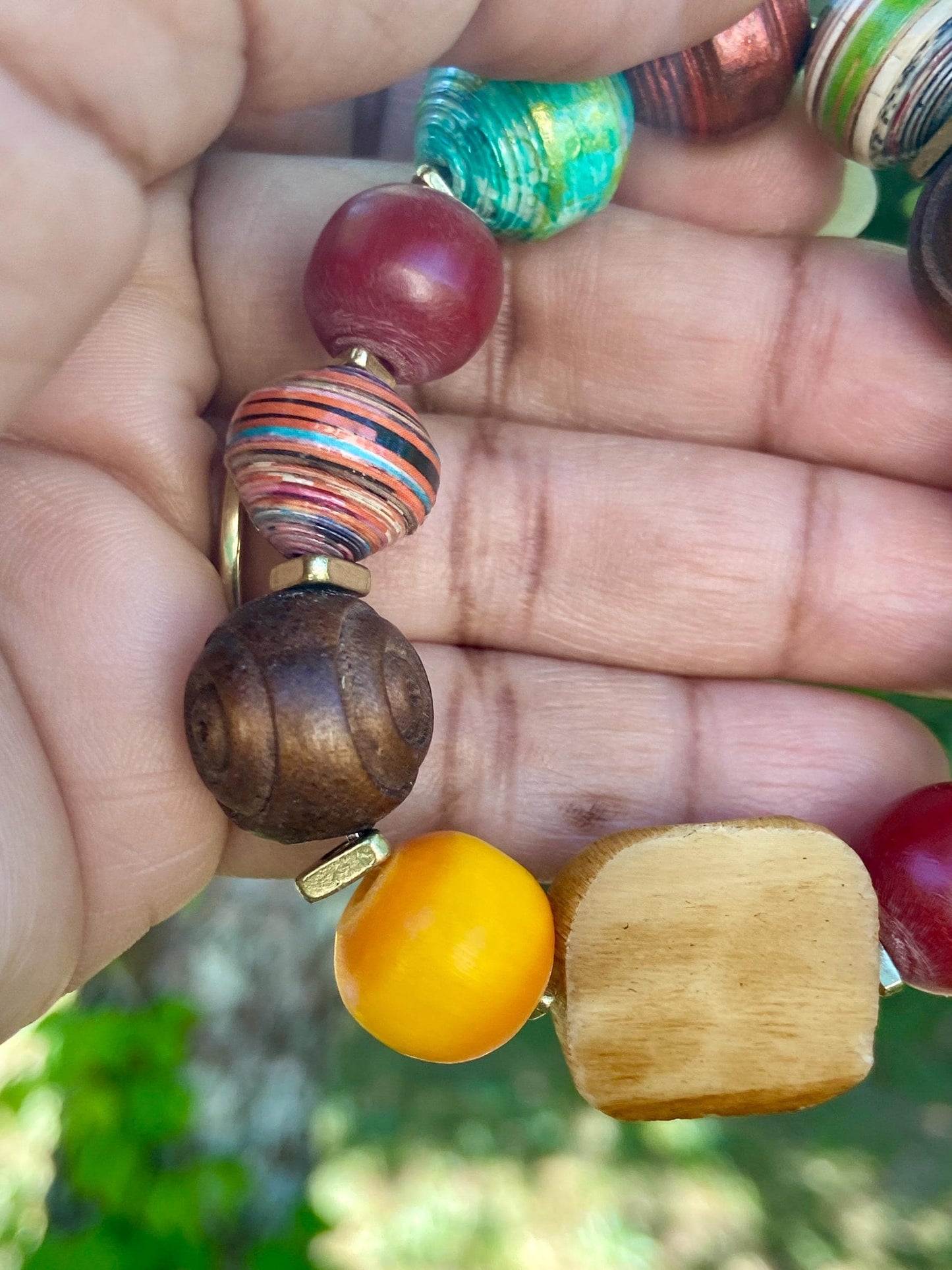 Bohemian Vibes: Mixed Media Paper Beads, Olive Wood, Bone and Colorful Kenyan Amber Resin Beads