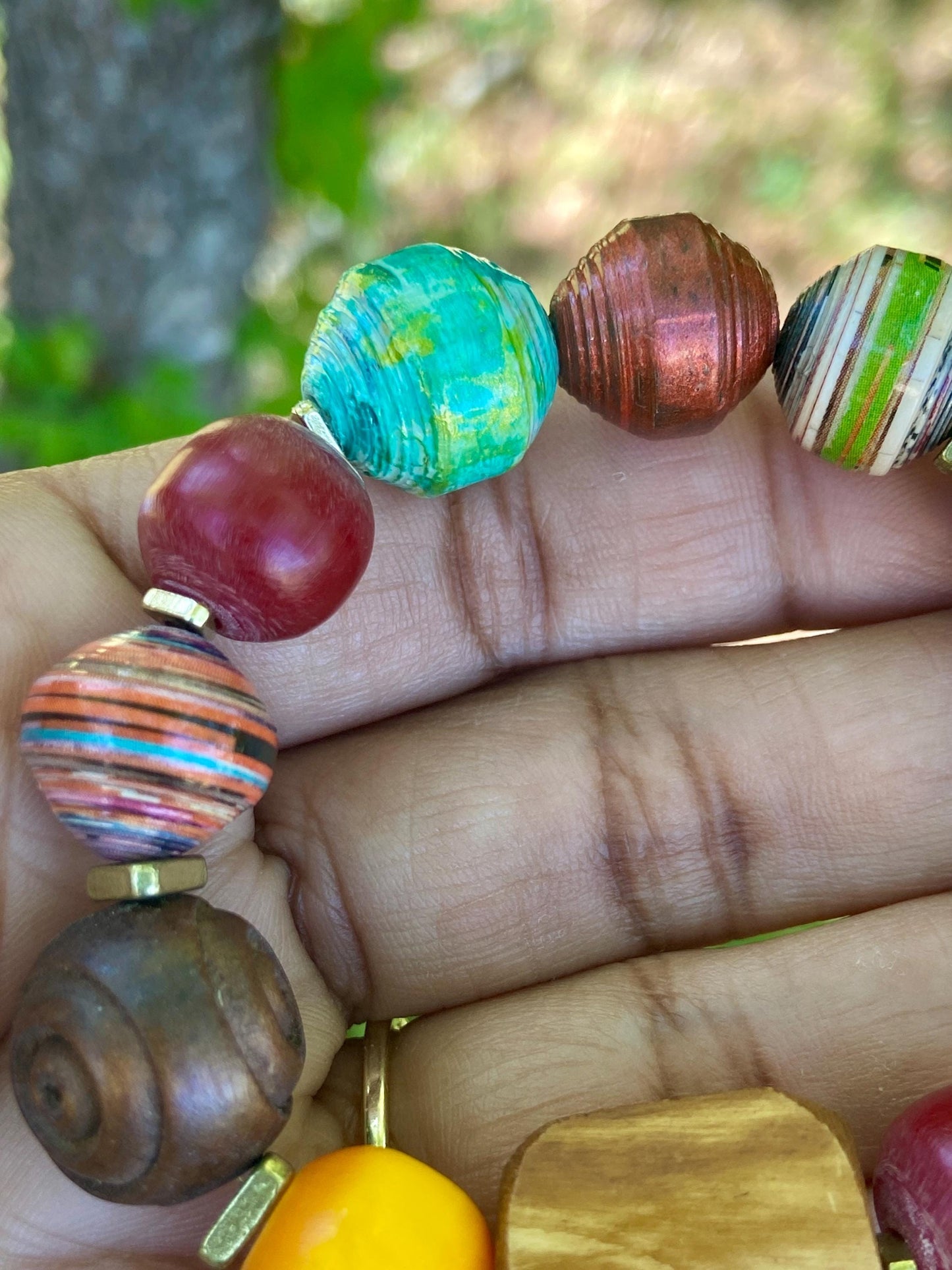 Bohemian Vibes: Mixed Media Paper Beads, Olive Wood, Bone and Colorful Kenyan Amber Resin Beads
