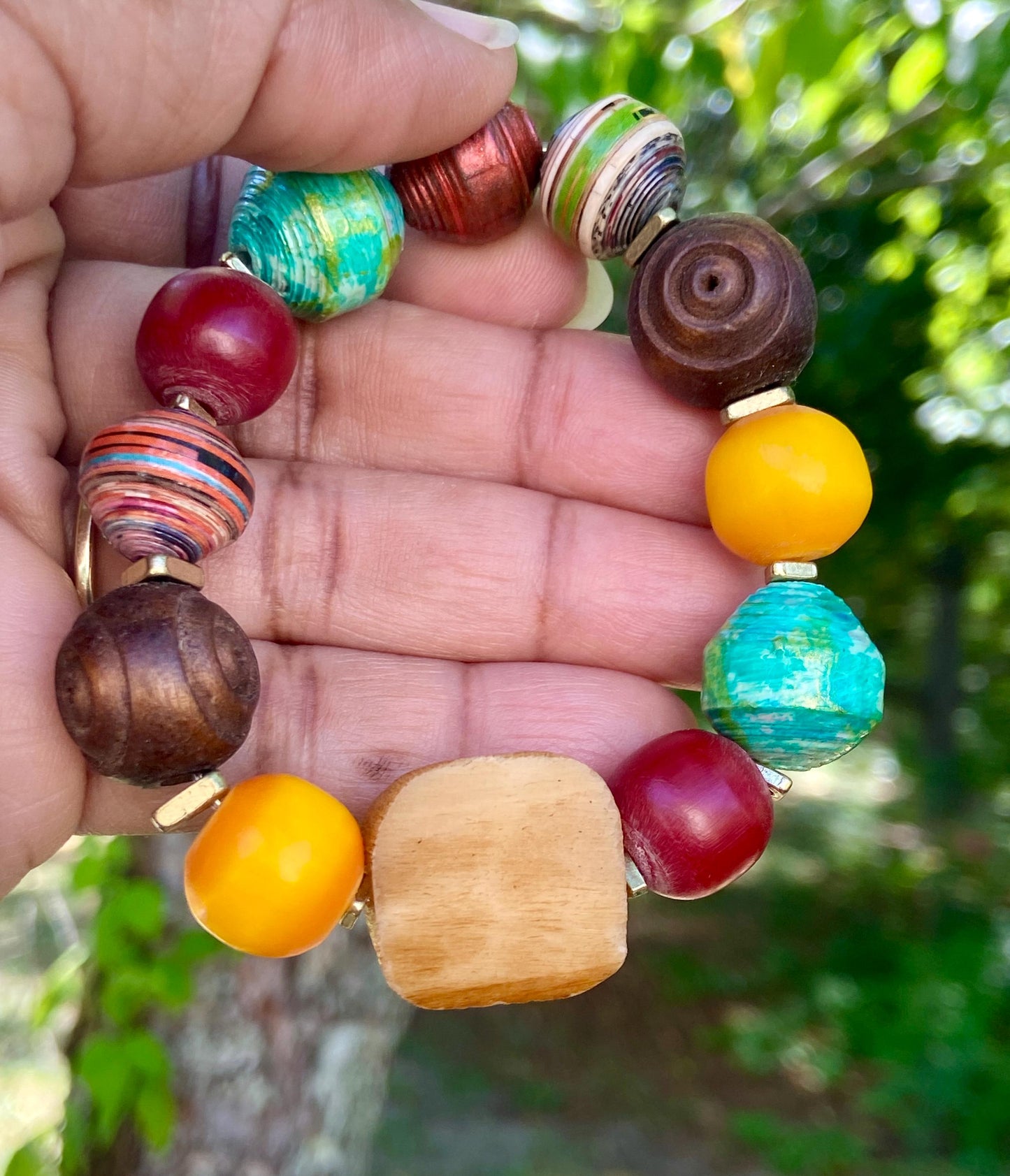 Bohemian Vibes: Mixed Media Paper Beads, Olive Wood, Bone and Colorful Kenyan Amber Resin Beads