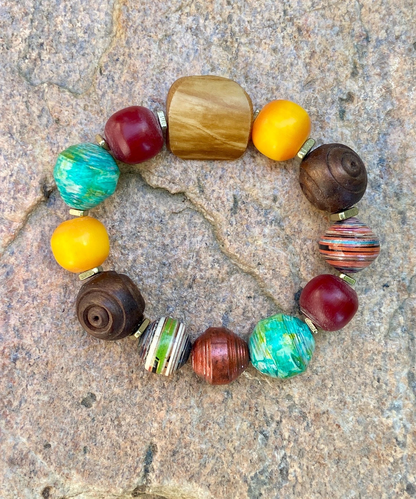 Bohemian Vibes: Mixed Media Paper Beads, Olive Wood, Bone and Colorful Kenyan Amber Resin Beads