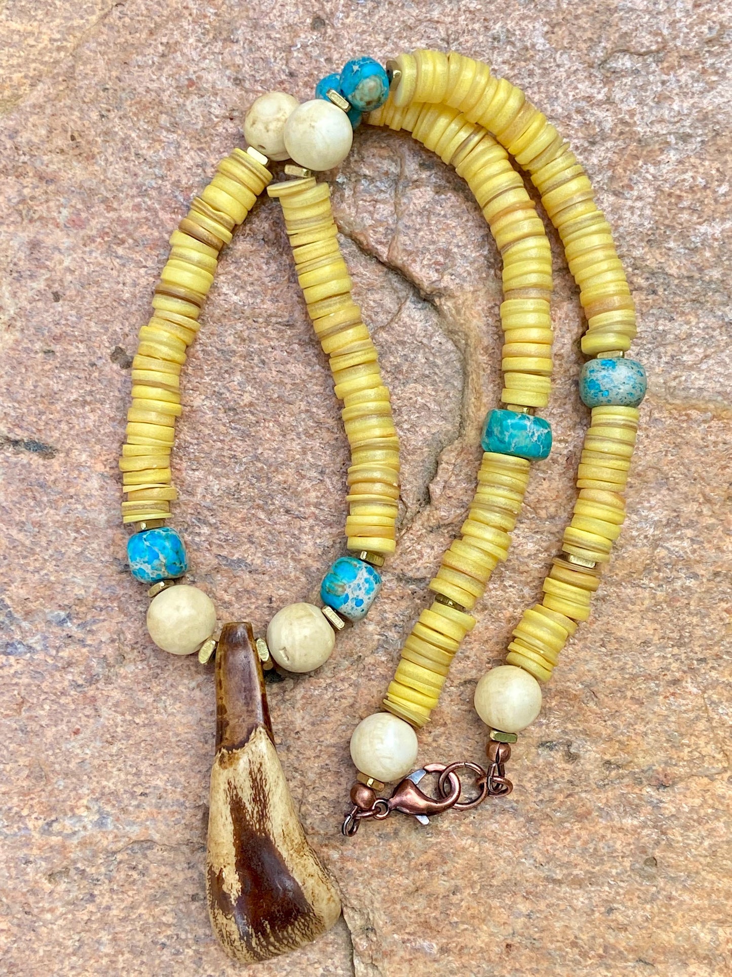 Yellow Shell Heishi • Aqua Sediment Jasper • Vintage Naga Shell • Buffalo Tooth Pendant Necklace