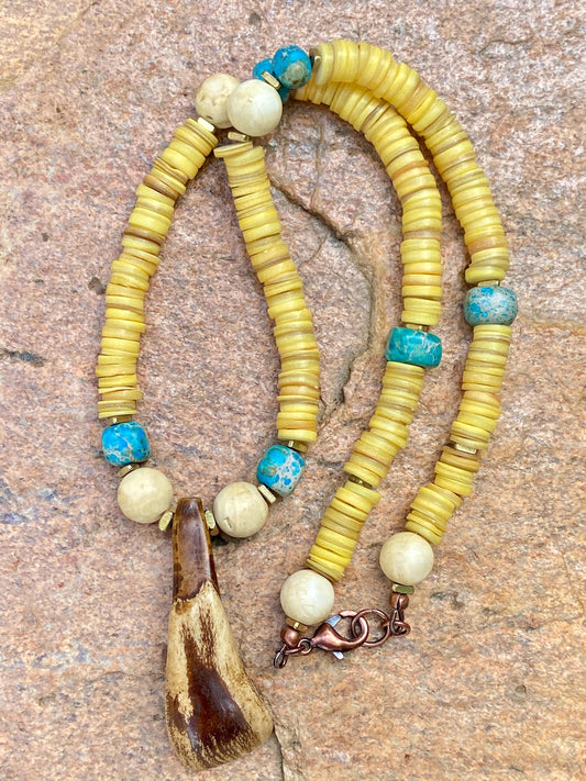 Yellow Shell Heishi • Aqua Sediment Jasper • Vintage Naga Shell • Buffalo Tooth Pendant Necklace