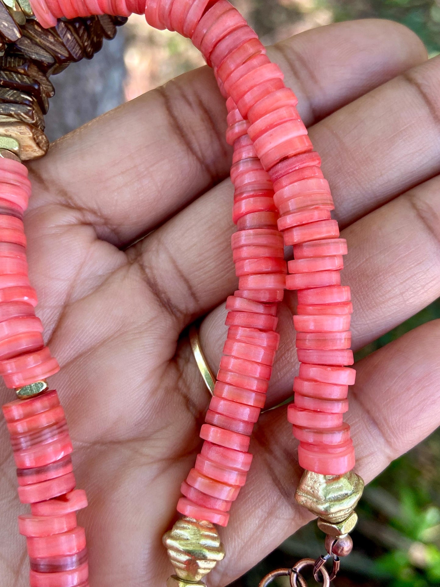 Pink Rose Shell Heishi • Square Coconut Wood • Vintage Naga Shell Necklace