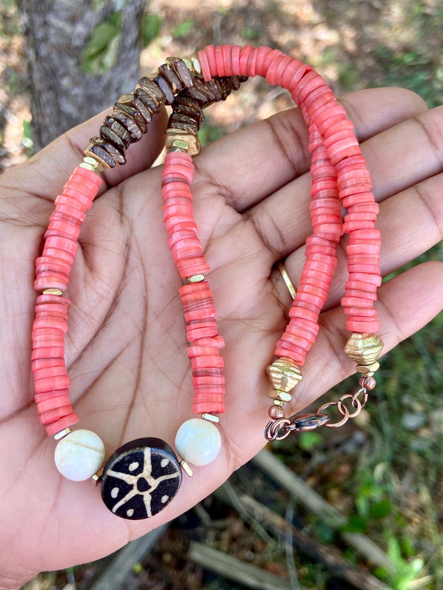 Pink Rose Shell Heishi • Square Coconut Wood • Vintage Naga Shell Necklace