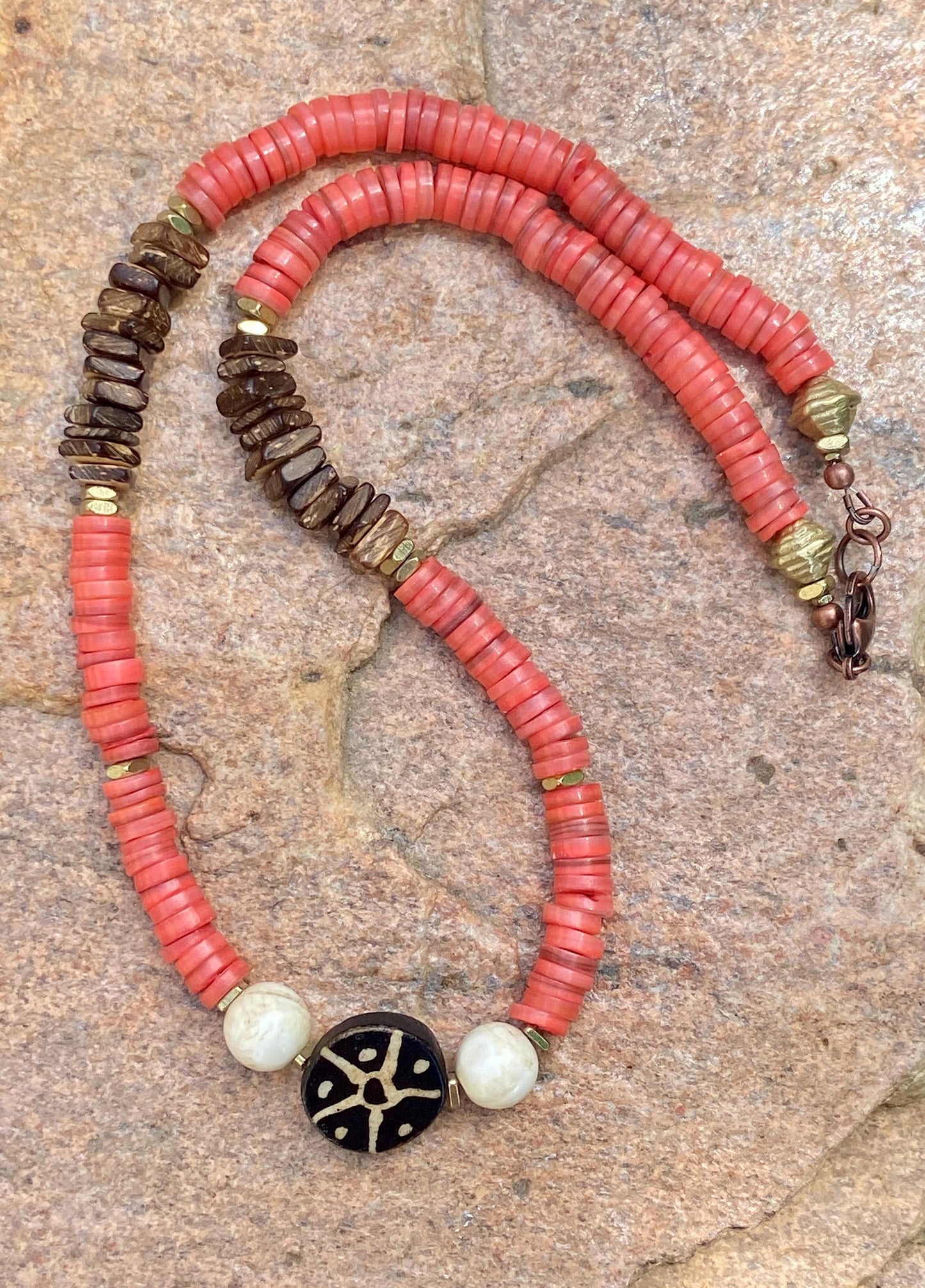 Pink Rose Shell Heishi • Square Coconut Wood • Vintage Naga Shell Necklace