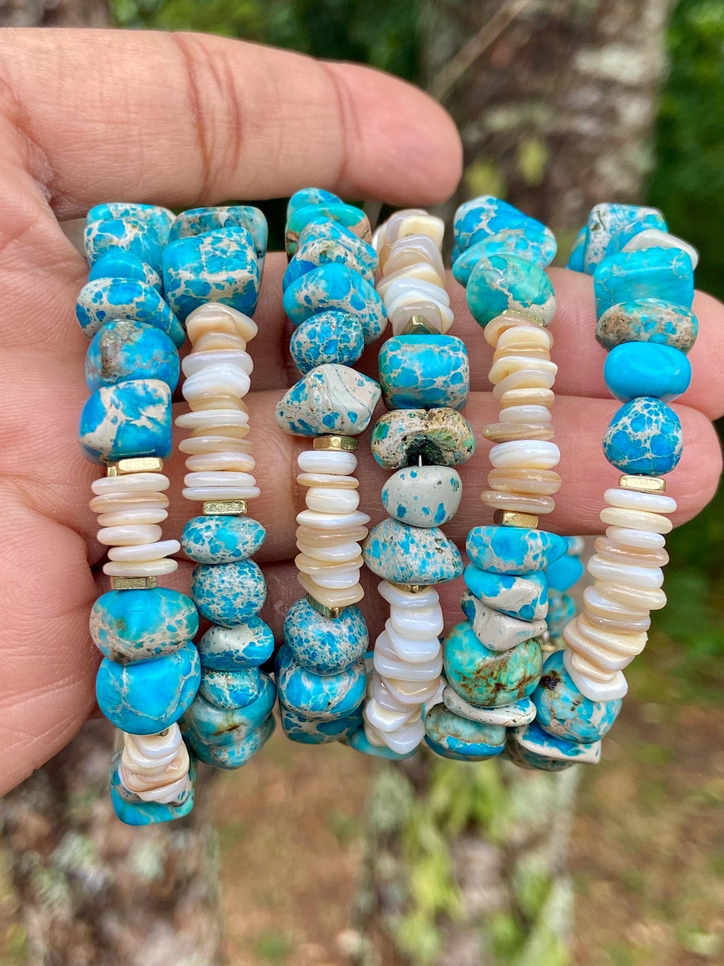 Blue Aqua Jasper Shell Memory Wire Bracelet • Boho Beach Jewelry (Wrap Bangle)