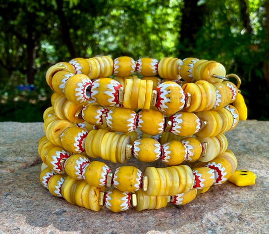 Sunshine Yellow Chevron & Shell Heishi Memory Wire Bangle – Bright, Happy, Sunflower Vibes