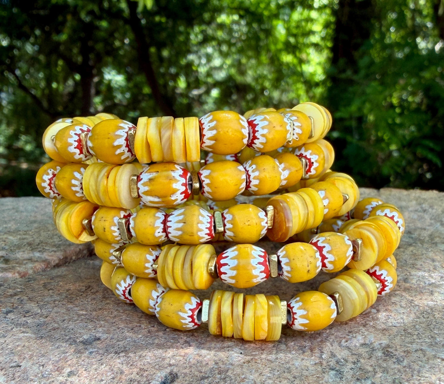 Sunshine Yellow Chevron & Shell Heishi Memory Wire Bangle – Bright, Happy, Sunflower Vibes