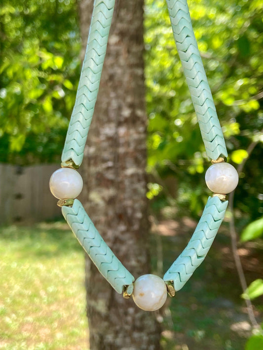 Pistachio Green Snake Bead Necklace – Vintage Conch Shell, Gold Accents, Coastal Style