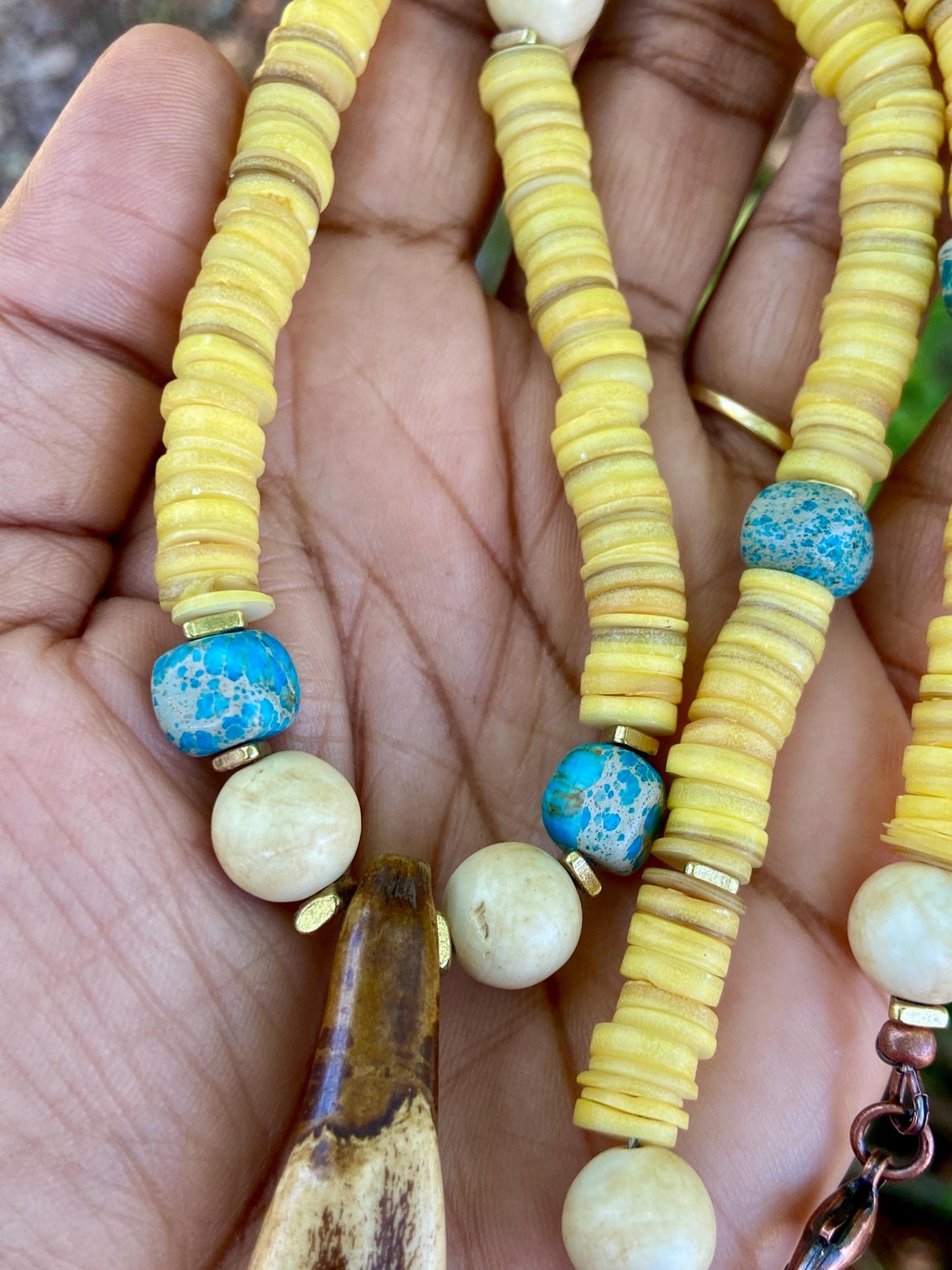 Yellow Shell Heishi • Aqua Sediment Jasper • Vintage Naga Shell • Buffalo Tooth Pendant Necklace