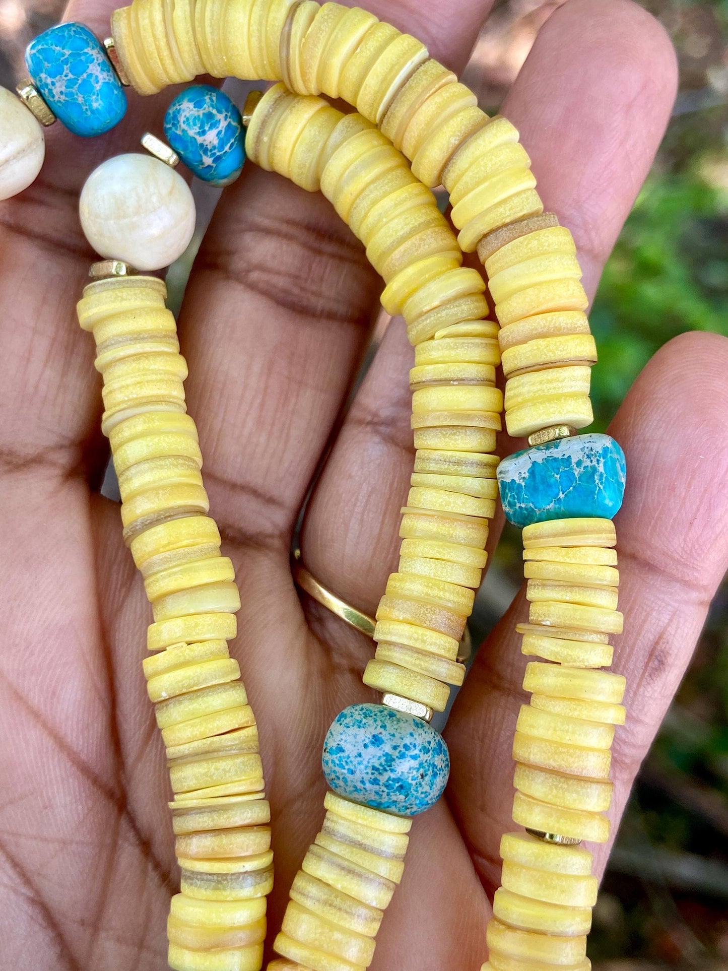 Yellow Shell Heishi • Aqua Sediment Jasper • Vintage Naga Shell • Buffalo Tooth Pendant Necklace