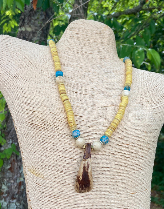 Yellow Shell Heishi • Aqua Sediment Jasper • Vintage Naga Shell • Buffalo Tooth Pendant Necklace