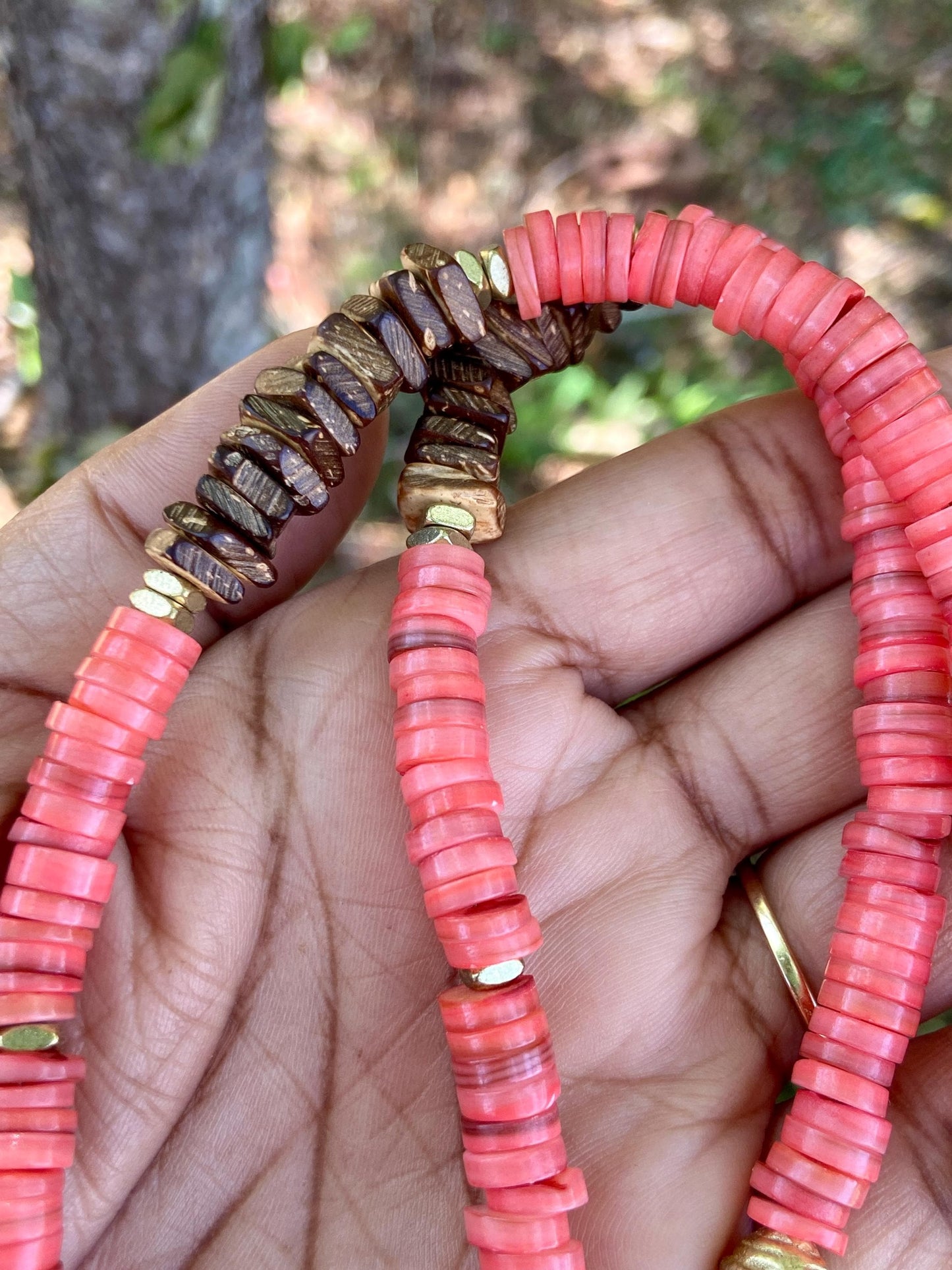 Pink Rose Shell Heishi • Square Coconut Wood • Vintage Naga Shell Necklace