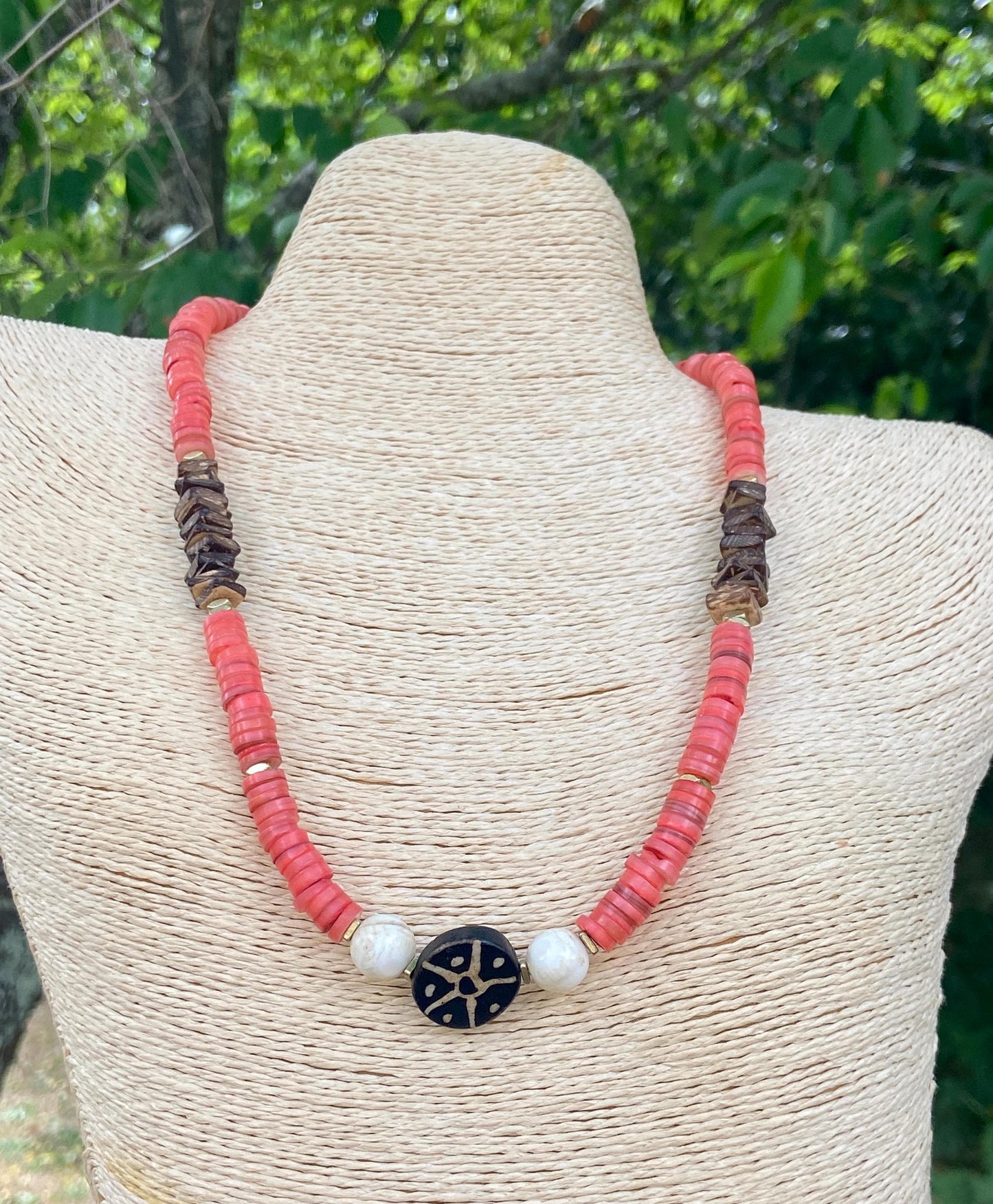 Pink Rose Shell Heishi • Square Coconut Wood • Vintage Naga Shell Necklace