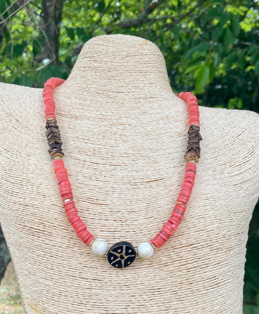 Pink Rose Shell Heishi • Square Coconut Wood • Vintage Naga Shell Necklace