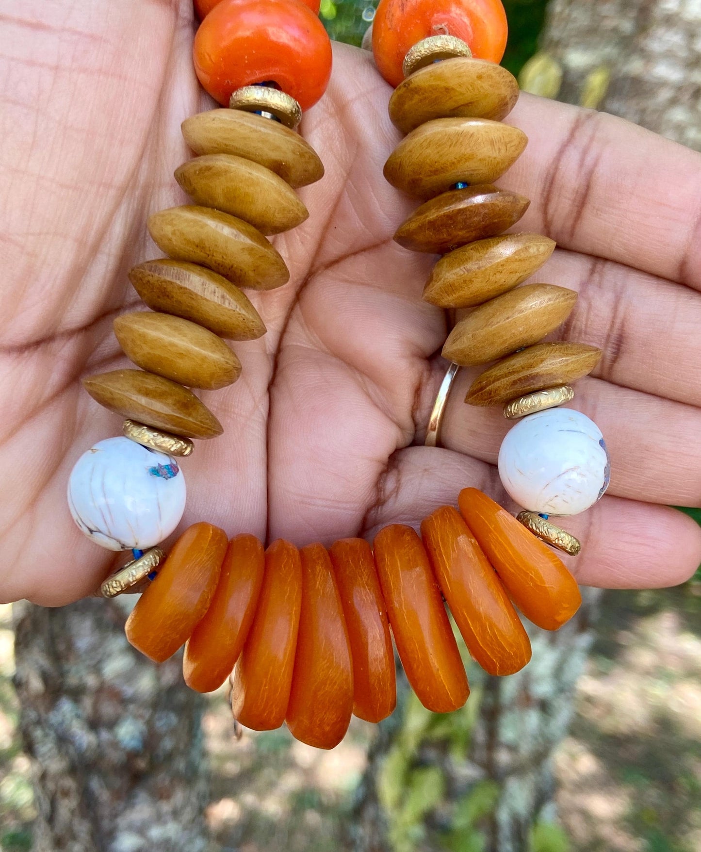 Moroccan Horn • Kenya Bone • Naga Inlaid Shell • Mango & Amber Resin Necklace