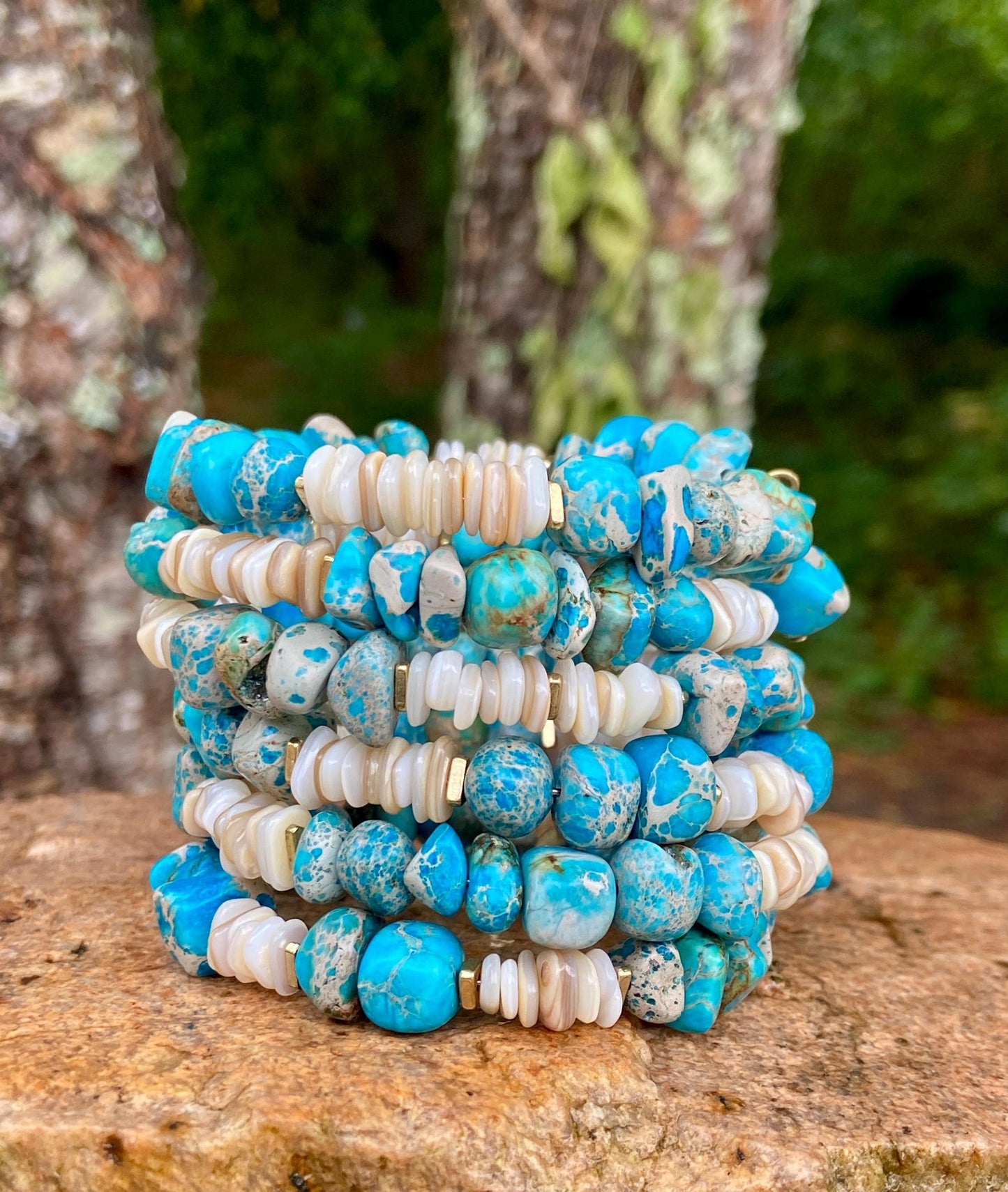 Blue Aqua Jasper Shell Memory Wire Bracelet • Boho Beach Jewelry (Wrap Bangle)