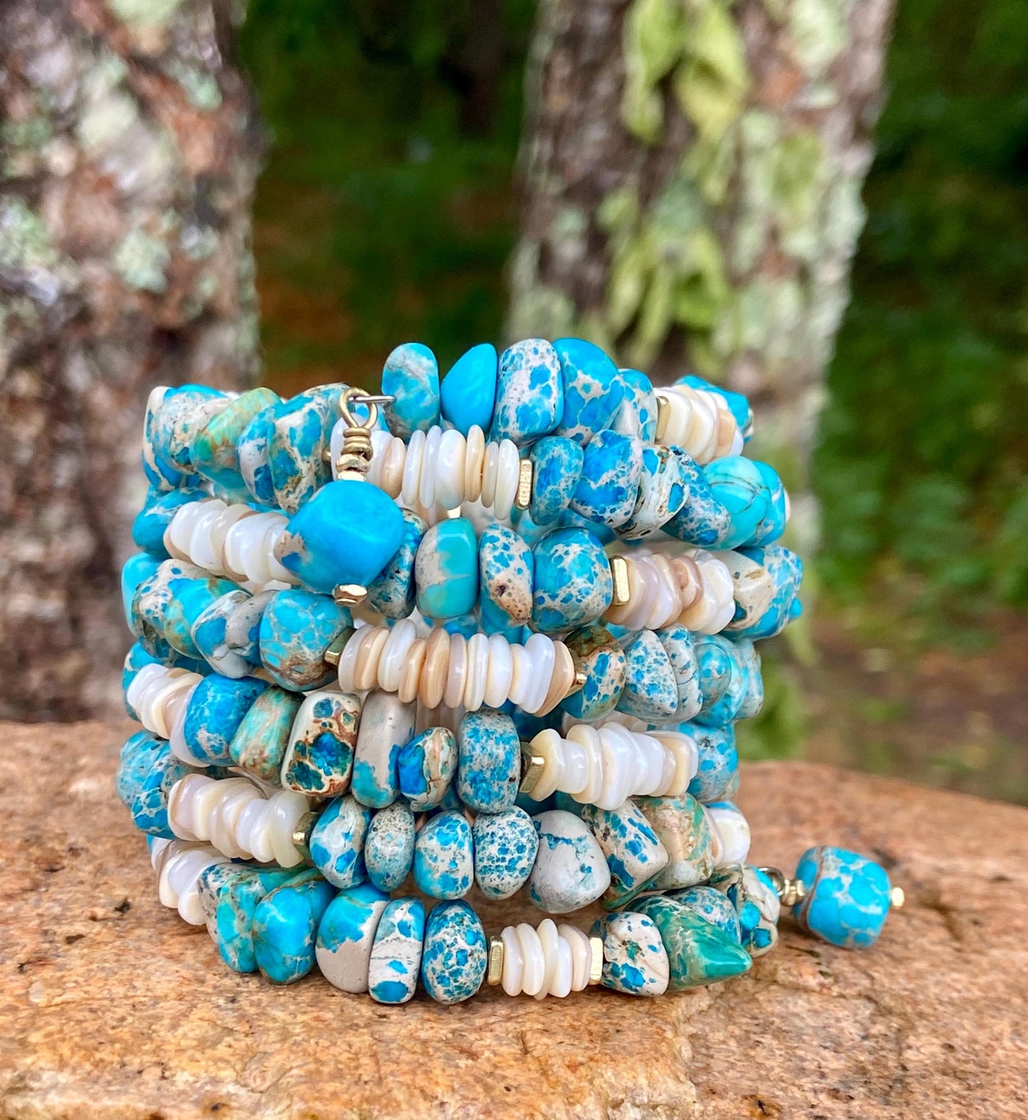 Blue Aqua Jasper Shell Memory Wire Bracelet • Boho Beach Jewelry (Wrap Bangle)