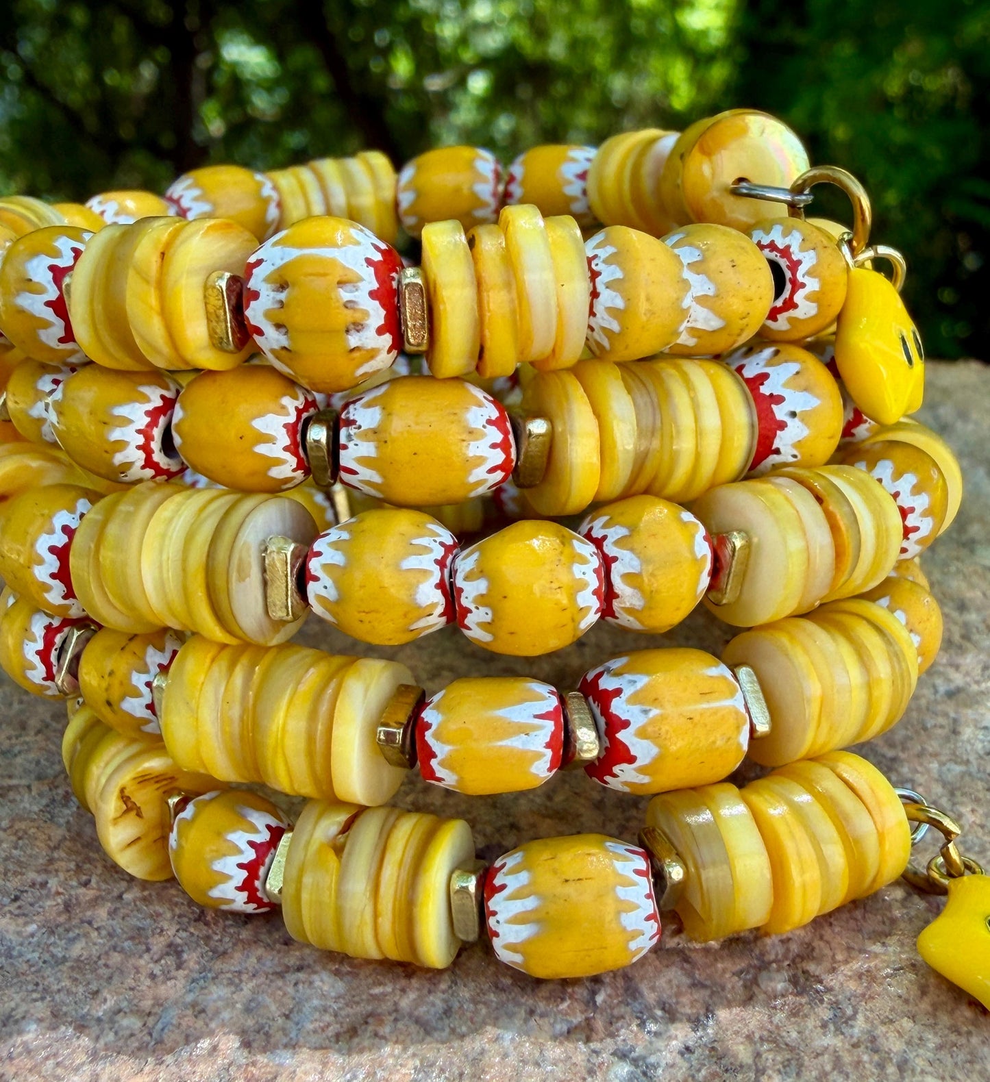 Sunshine Yellow Chevron & Shell Heishi Memory Wire Bangle – Bright, Happy, Sunflower Vibes