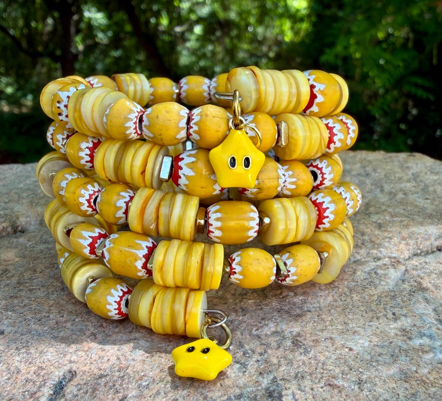 Sunshine Yellow Chevron & Shell Heishi Memory Wire Bangle – Bright, Happy, Sunflower Vibes