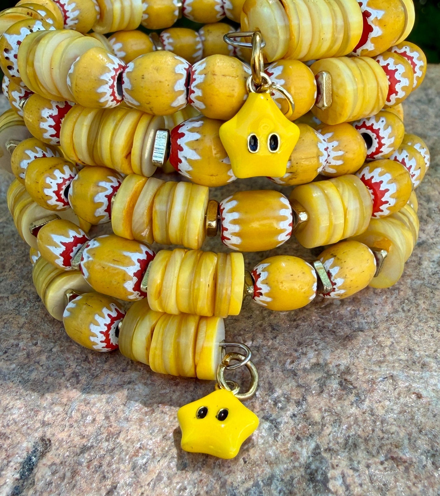 Sunshine Yellow Chevron & Shell Heishi Memory Wire Bangle – Bright, Happy, Sunflower Vibes