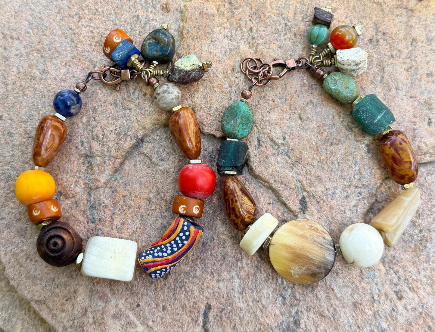 Boho Mixed Media Bracelets, Roman Glass, Lampwork Focal