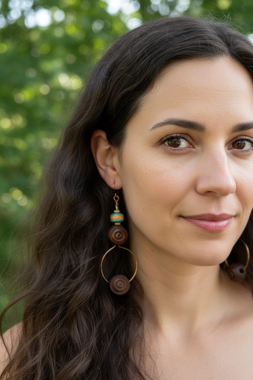 Model wearing Carved Olive Wood and Paper Bead Hoop Earrings