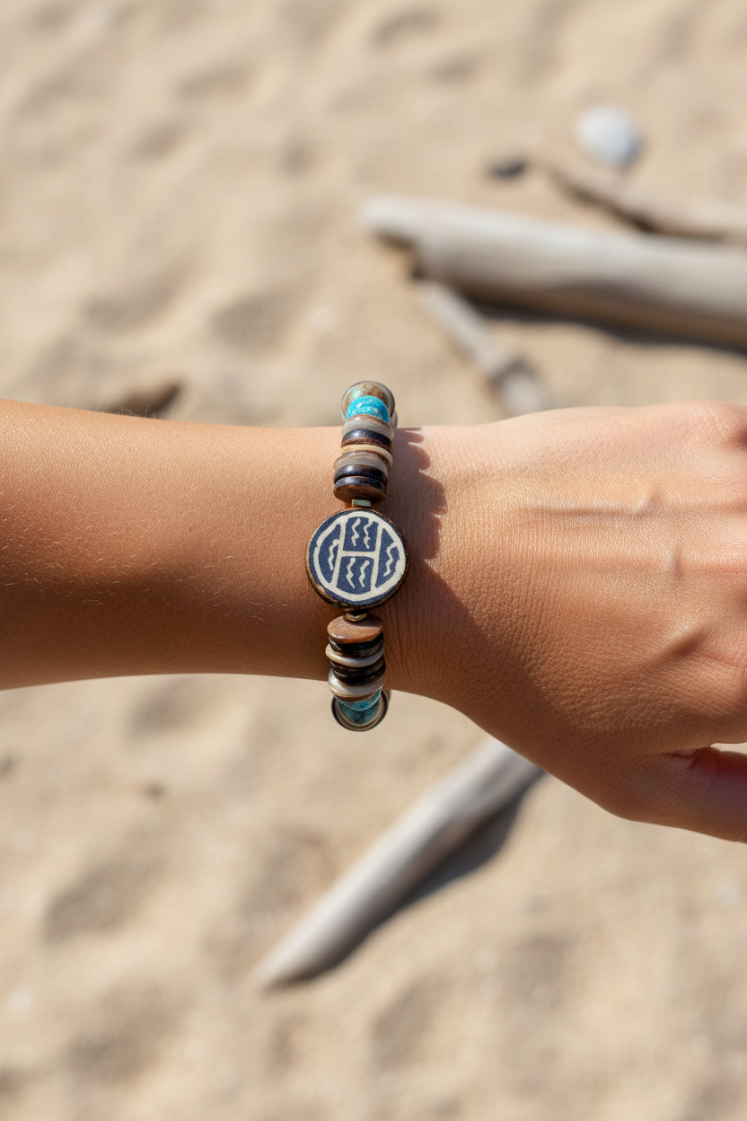 Model wearing Earthy Shell, Bone & Aqua Jasper Boho Bracelet