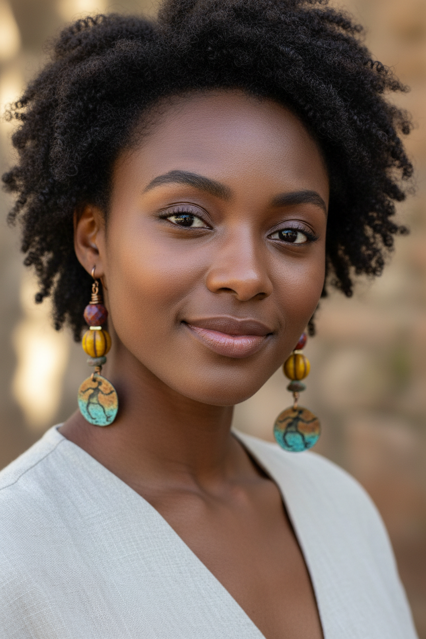 OOAK Ochre Figure Charmed Earrings on African American Woman